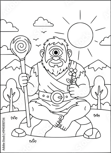 Cyclops coloring page for kids with a bearded giant holding a flower