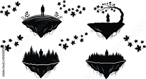 Silhouette of people on surreal floating islands with autumn maple leaves and pine forest trees for fantasy nature concept