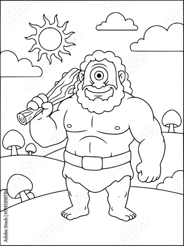 Cyclops coloring page for kids with a muscular giant holding a wooden club