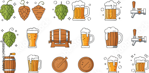 Craft beer brewing icon set with hops, beer mugs, barrels and tap, colorful brewery elements collection for pub, Oktoberfest and brewing design