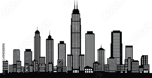 Chicago city skyline silhouette with iconic skyscrapers and downtown buildings, black urban cityscape panorama illustration for architecture, travel design and skyline background