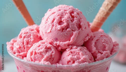 Delicious Pink Ice Cream Scoops in a Clear Bowl with Cones on a Light Blue Background