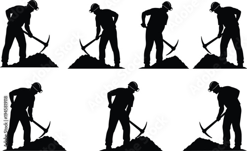 Coal Miner Worker with Pickaxe Silhouette Set Showing Mining Labor Digging Underground Resource Industry Worker Isolated Illustration