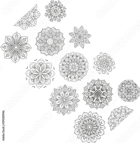 Ornamental mandala flower set with detailed floral patterns, decorative boho line art elements collection for tattoo, yoga, henna and meditation design