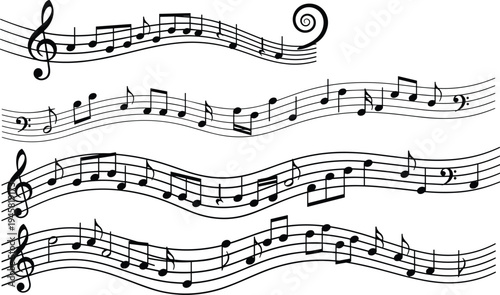 Decorative musical staff illustrations with treble and bass clefs, flowing notes, artistic wavy staves, and creative music symbols for design and creative projects