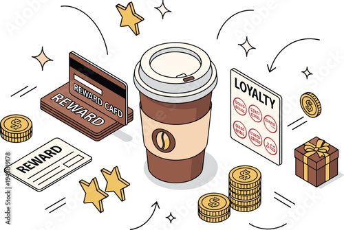 Coffee loyalty reward program concept with takeaway cup membership card coins gift and customer retention vector illustration
