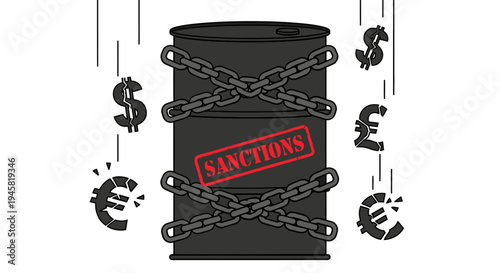 A chained black barrel with sanctions and currency symbols represents economic restrictions.