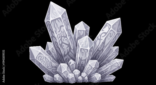 Artistic depiction of a cluster of stylized crystalline structures on a dark background