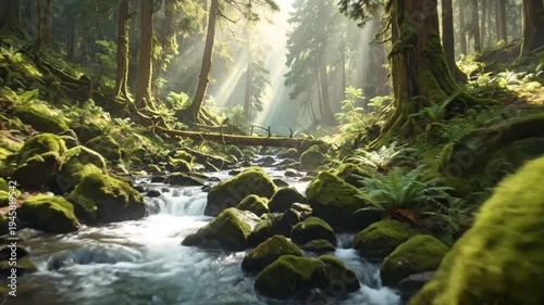 Lush green forest with a flowing stream, sunlight filtering through the trees, creating a serene atmosphere.