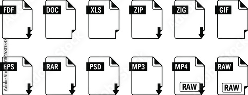 File format document icons set including DOC, XLS, ZIP, GIF, MP3, MP4, PSD and RAW, digital file type symbols for interface design