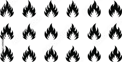 Fire flame icons set with burning flame silhouettes for heat, danger, fire hazard warning, energy symbol and combustion design vector collection
