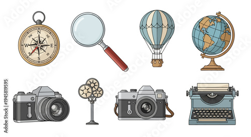 Collection of Vintage Travel and Exploration Elements in Retro Illustration Style