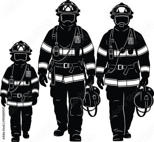 Firefighter team silhouette vector illustration with fire rescue workers in protective gear walking together isolated on white background, emergency service, safety, and rescue concept