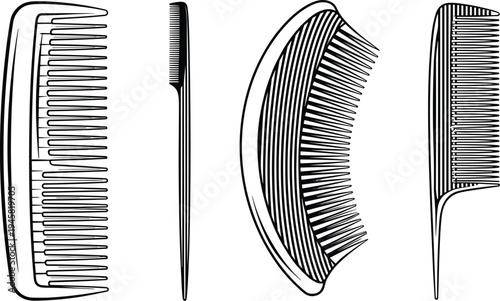 Hair comb collection outline set, different barber and hairdressing comb styles for grooming, styling and salon tools vector illustration isolated
