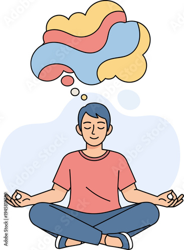 Man meditates with Mental Wellness thoughts above his head