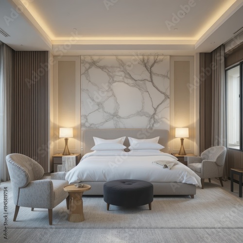 Modern Luxury Bedroom Interior with Elegant Furniture and Soft Lighting in a Spacious Design