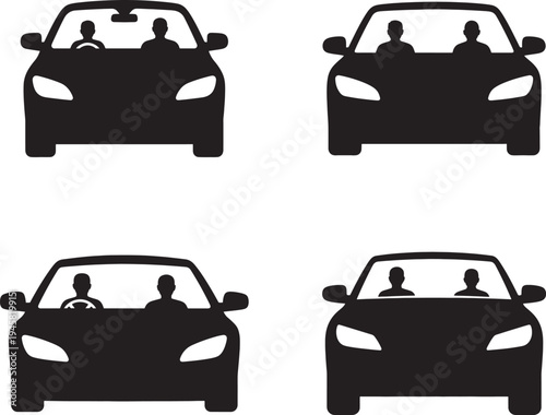 Four black silhouettes of cars with drivers and passengers
