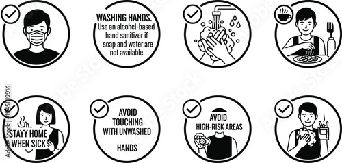 Health safety guidelines icon set vector illustration with washing hands, wearing mask, avoiding contact, and hygiene practices isolated on white background for public health awareness