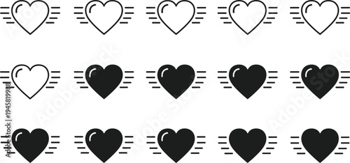 Heart speed icons set with motion lines, fast love symbol collection for delivery, like reaction, romance concept and dynamic heart vector
