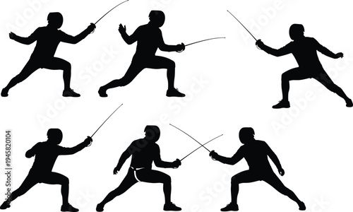 Fencing Athlete Sword Fighting Silhouette Set Showing Competitive Sport Duel Action Poses with Foil Weapon Isolated Illustration