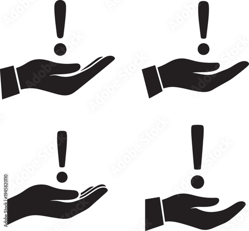 Four black hands releasing exclamation marks 