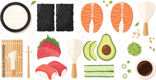 Sushi ingredients set with salmon tuna avocado seaweed rice cucumber chopsticks and soy sauce Japanese food vector illustration