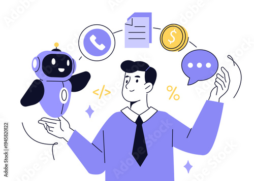 Character using agentic ai tool to increase productivity. Intelligent automation concept. Vector illustration.