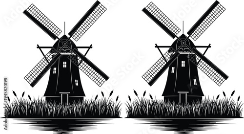 Black silhouette of traditional Dutch windmills with rural grass and water reflection for heritage landscape design