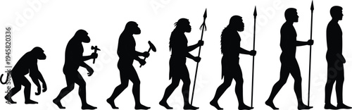 Human Evolution Silhouette Showing Ape to Modern Man Progress with Primitive Tools and Spear Evolutionary Development Concept