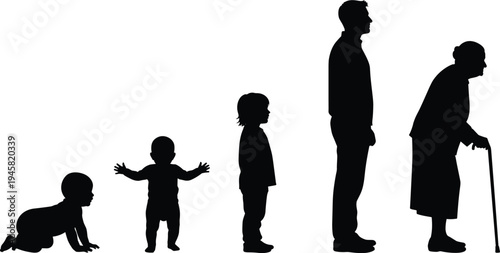 Human Life Stages Silhouette Showing Growth from Crawling Baby to Toddler, Child, Adult and Elderly Person with Walking Cane
