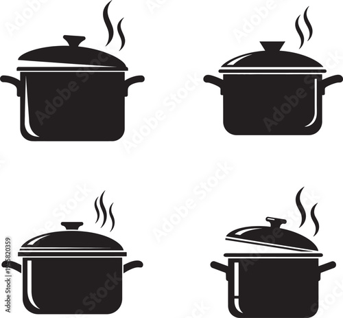 Four black silhouette pots with steam rising