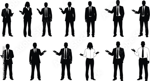 Business people silhouette set presenting ideas, corporate speakers and professionals gesturing during meeting, presentation, seminar, leadership communication concept isolated collection