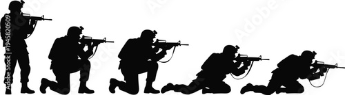 Military soldier silhouettes aiming rifle in different combat positions, tactical army shooting poses collection for defense, warfare, training and security vector