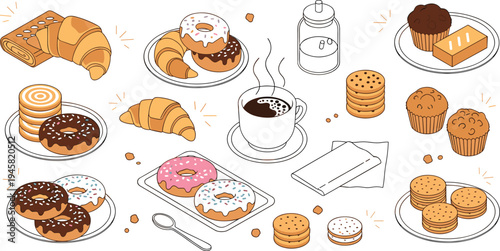 Coffee and bakery breakfast set with donuts croissants cookies muffins and hot coffee cup cafe food vector illustration