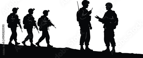 Military soldiers patrol and communication silhouette, armed forces team with rifles and radio discussing strategy on battlefield, army defense concept