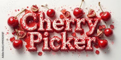 Colorful Cherry Picker Text with Fresh Cherries and Sugar on a Bright Background