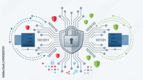 Cybersecurity and Data Protection Illustration with Network Servers, Padlock Shield, and Digital Binary Data Flow Concept