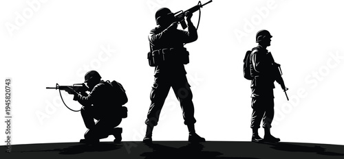 Military soldiers silhouettes with rifles standing and kneeling in tactical positions, armed forces patrol team concept, security defense strategy isolated on white background