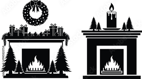 Black silhouette of Christmas fireplace with wreath gifts and candle for winter holiday home interior decoration