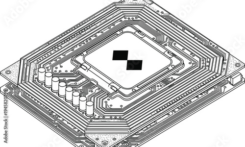  Microchip processor on motherboard vector illustration, detailed circuit board technology concept isolated on white background, semiconductor CPU chipset design for electronics, computing, AI, and ha