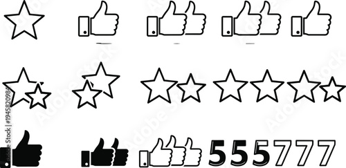 Modern customer rating and review icons set with stars and thumbs up symbols for feedback evaluation UI UX satisfaction score vector outline collection