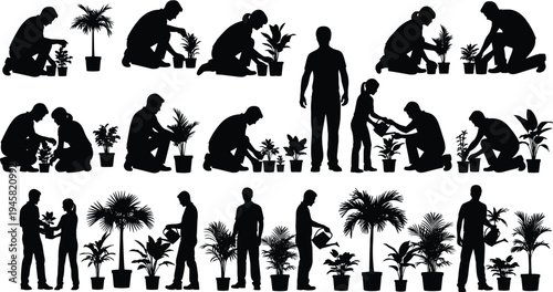 People Gardening with Potted Plants Silhouette Collection Showing Planting, Watering and Caring for Indoor and Outdoor Houseplants