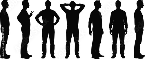 collection of male silhouette poses standing different angles isolated on white background human figure set side front view studio reference