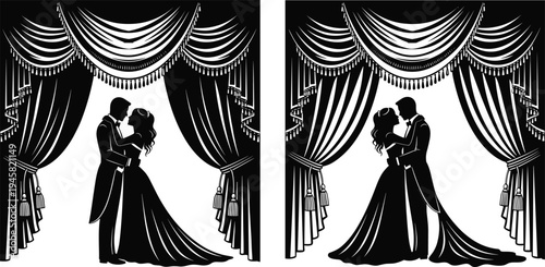 Black and white silhouette of romantic bride and groom couple under theater stage curtains for luxury wedding invitation card