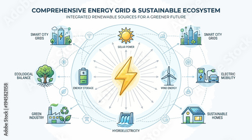 Sustainable Energy Ecosystem Illustration showing Integrated Renewable Sources like Solar, Wind, Hydro, Smart Grids, Electric Mobility, and Green Industry for a Greener Future