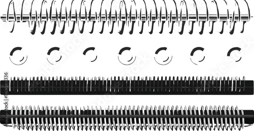 Notebook spiral binding set, metal coil rings and wire binding elements, realistic stationery details for sketchbook, diary and planner design illustration