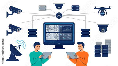 Smart Security Surveillance System Vector Illustration Featuring Operators, CCTV Cameras, Drones, Satellite, and Server Network for Data Monitoring and Urban Safety