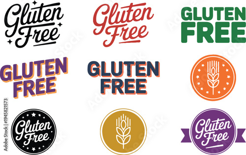 gluten free labels and badges with hand drawn typography symbols for organic food packaging and healthy diet.