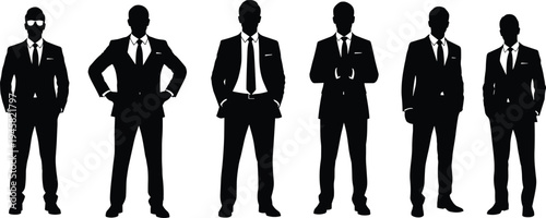businessmen silhouettes, corporate team standing confident men in suits, professional leadership concept isolated business people lineup formal executive group illustration