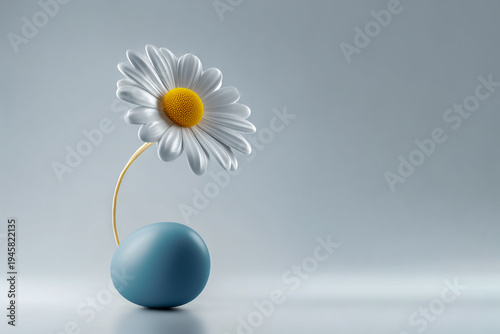Minimalist Easter composition with white daisy flower growing from a blue egg on light background